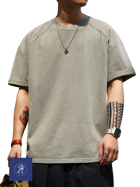 Tシャツメンズ夏レトロヘビー
ウォッシュカジュアルルーズボトリングシャツ