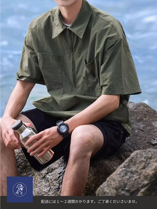 アウトドアオーバーサイズハーフジップシャツ