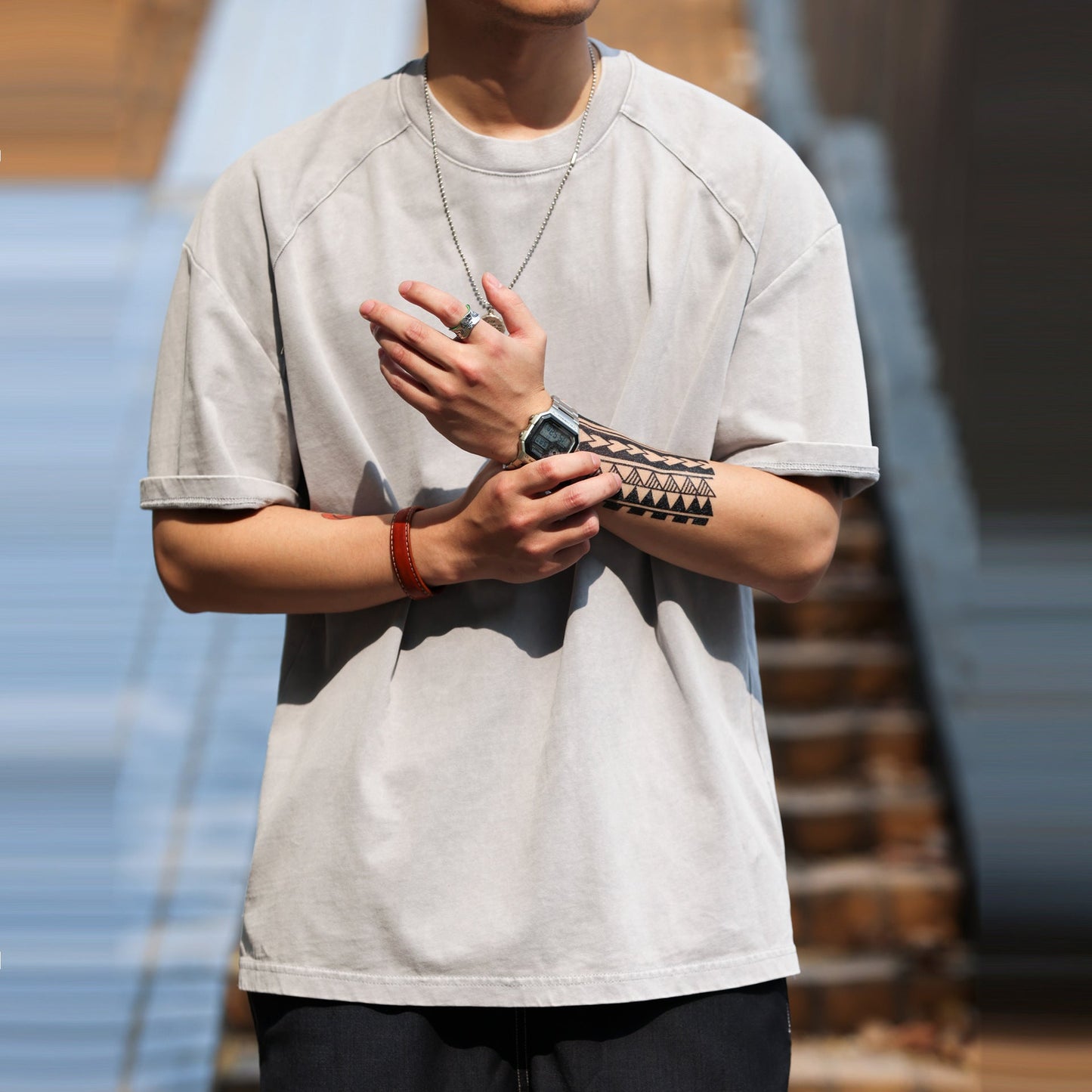 Tシャツメンズ夏レトロヘビー
ウォッシュカジュアルルーズボトリングシャツ