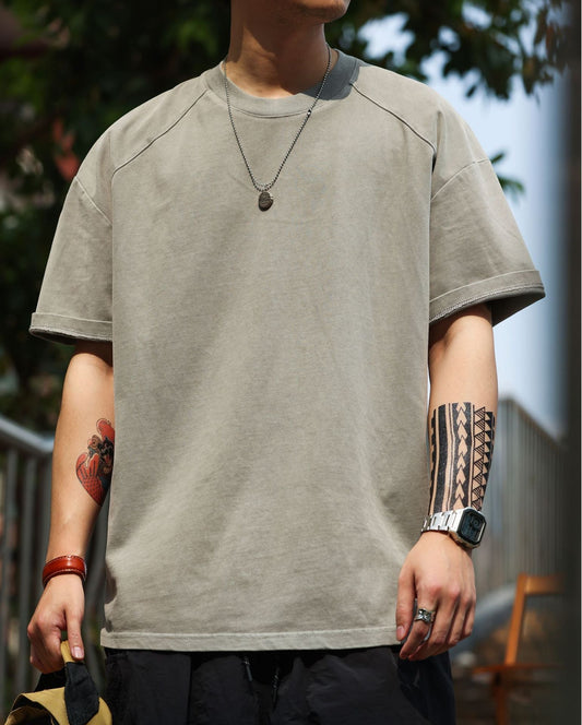 Tシャツメンズ夏レトロヘビー
ウォッシュカジュアルルーズボトリングシャツ